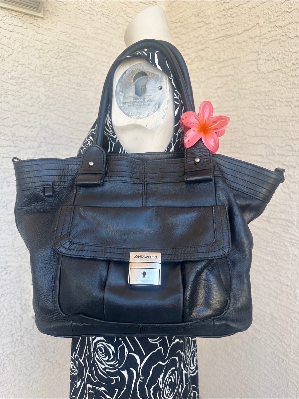 London Fog Black Leather Tote with Front Flap and Turn-Lock